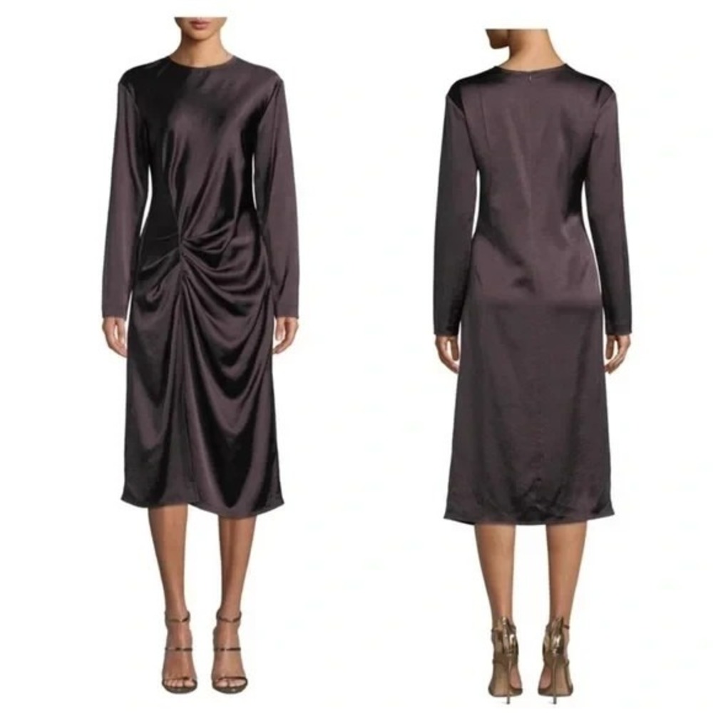 Helmut Lang Satin Long-Sleeve Midi Dress in Deep Plum